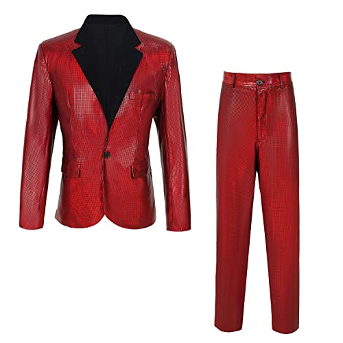 Men's Metallic Sequin Slim Suit Two-Piece Set Outfit 70s Disco Pr...