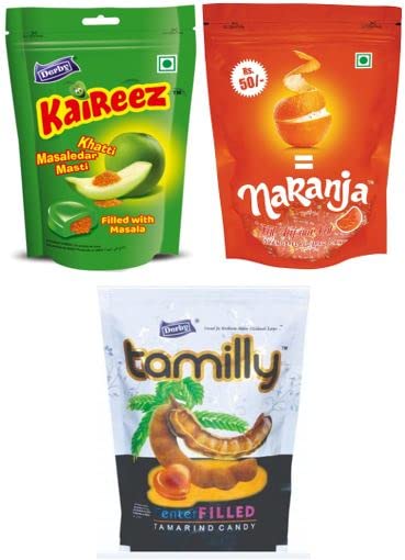 Derby Pack Of 6 - Kaireez (Kaccha Kairy), Naranja Orange Flavor Candy, Tamilly Imli - Center filled Candy/Return gifts for Birthday to your Family & Friends 652 Gms/Each 2 Packets