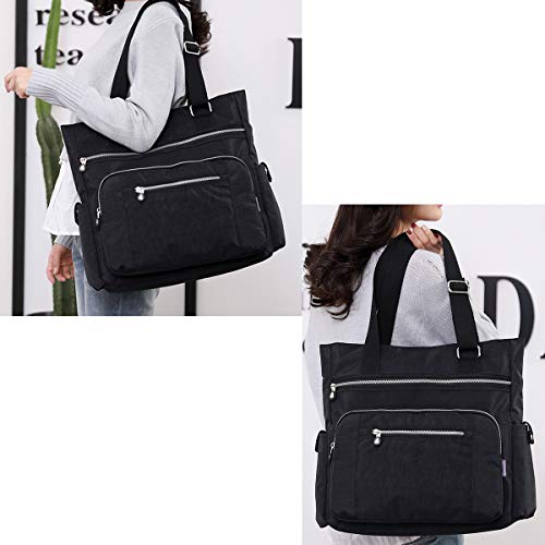 Nawoshow Women Canvas Tote Bag Waterproof Nylon Multi Pocket Shoulder Bags Work Bag Teacher Purse And Handbags(A-Black) #TOP2