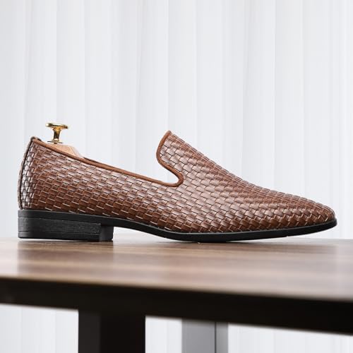 Santimon Men's Woven Leather Loafers Breathable Slip-On Dress Shoes for Summer2
