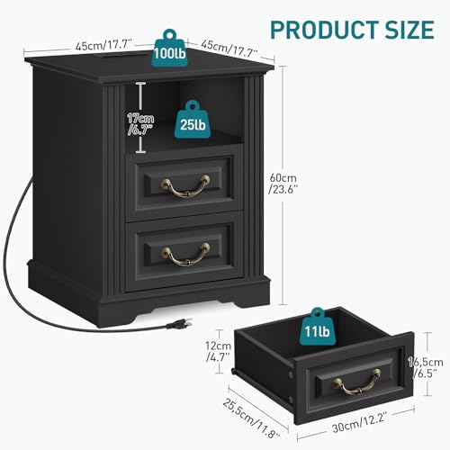 Image of RALGEND Farmhouse End Table with 2 Drawers, Nightstand with Charging Station, End Tables Living Room with LED Lights, Bedside Table for Bedroom, Living Room, Black
