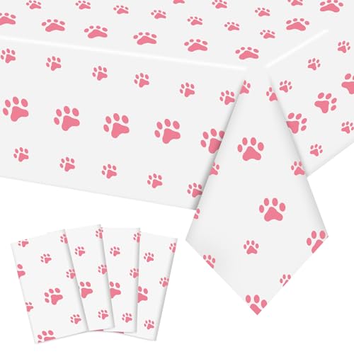 ZAKVOOR 4 Pack Puppy Paw Patrol Print Tablecloth Disposable Plastic Rectangular Table Covers for Themed Birthday Party Supplies Dining Room Kitchen Decor, 70.8 x54 Inch (Pink)