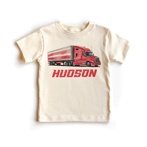 Custom Red Semi Truck Kids Name Shirt - Personalized Tractor Trailer 18 Wheeler Birthday Outfit - Boy Toddler Youth Clothing Graphic Tee