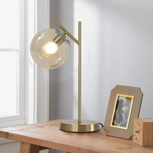 Image of Mid Century Modern Table Lamp, Gold Globe Nightstand Lamp with Cognacs Glass Shade, Metal Brass Desk Lamp for Bedroom Living Room Study Room