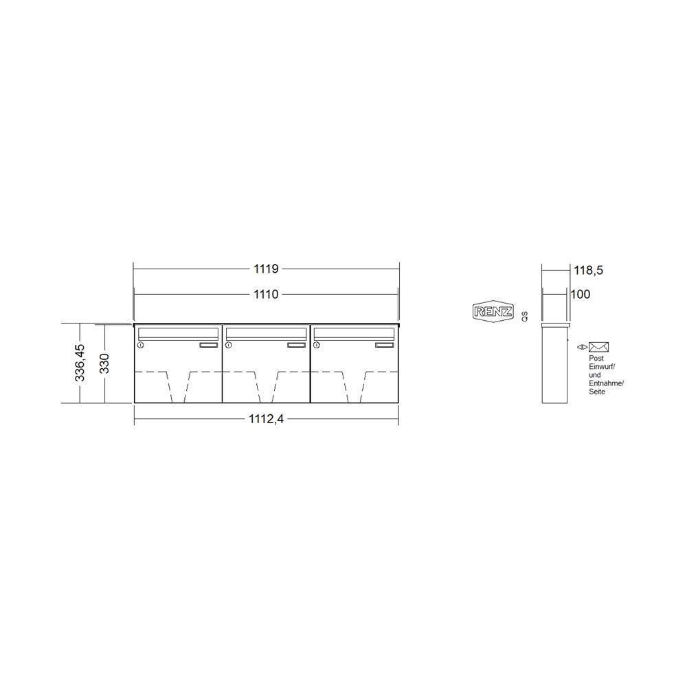 RENZ Basic B cassetta postale a 3 posti fissata a muro in acciaio inox V4A 12 L