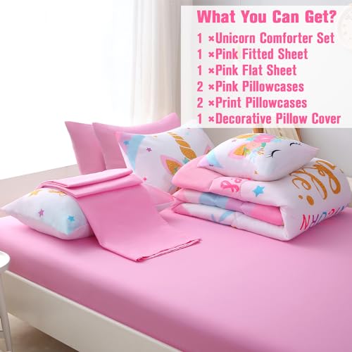 JQinHome Unicorn Full Bedding Sets for Girls Kids,8 Piece Bed in A Bag 3D Colorful Flower Girl Unicorn Comforter Set with Sheet Set(Sparkle) — view 6
