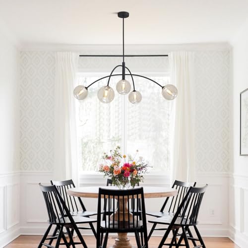 Image of 5 Light Modern Brass Chandelier Fixture Globe Glass Shade Pendant Light Black Kitchen Large Chandelier for Dining Room Kitchen Bedroom