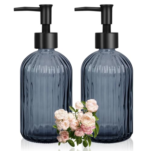 Glass Soap Dispenser with Plastic Pump, Hand Soap Dispenser for Hand Wash, Lotion Dispenser for Dishwashing Liquid, Lotion Shower Gel (Striped Blue Grey) by Ulable - Used condition - US$12.86