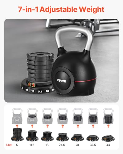 VEVOR Kettlebell, regulowany kettlebell z 7 poziomami wagi (5, 11,5, 18, 24,5, 31, 37,5, 20 kg), odlew aluminiowy i materiał ABS, do treningu siłowego, treningu całego ciała i treningu crossowego