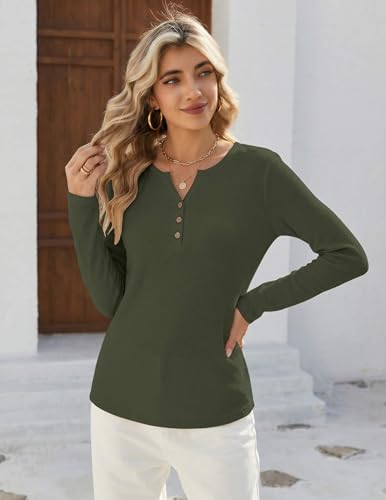 Zeagoo Blouses for Women 2026 Dressy Casual Tunic Long Sleeve Womens Tops Floral V Neck Shirts Waffle Knit Tops for Women Army Green — view 2