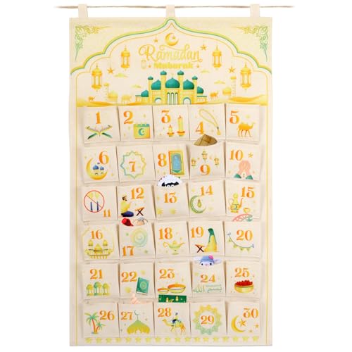 HOWAF Fabric Ramadan Mubarak Advent Calendar (Countdown to Eid), 30 Days Mystery Eid Mubarak Countdown Calendar with 30 Pockets for Eid Mubarak Home Wall Decoration