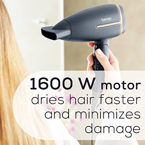 Beurer Hc25 Ionic Hair Dryer For Travel With Voltage Switch 1600W Anti Frizz Blow Dryer, Foldable Handle, Lightweight Styler, Nozzle Attachment, Storage Bag, Black And Rose Gold #TOP5