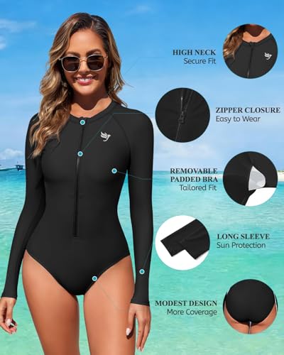 Image of Century Star UPF 50+ Long Sleeve Swimsuits for Women - Rash Guard Modest High Neck Surf One Piece Full Coverage Bathing Suit