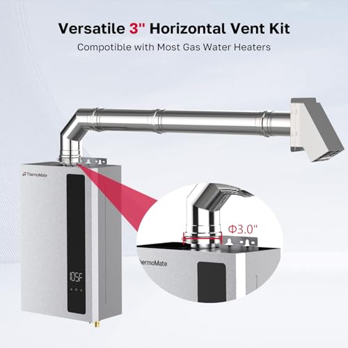 ThermoMate 3" Vent Pipe Kit, Universal 3 Inch Stainless Steel Horizontal Vent Kit for Most Gas Tankless Water Heaters, Includes Termination Hood, 90° Elbow, Vent Pipes, Wall Thimble
