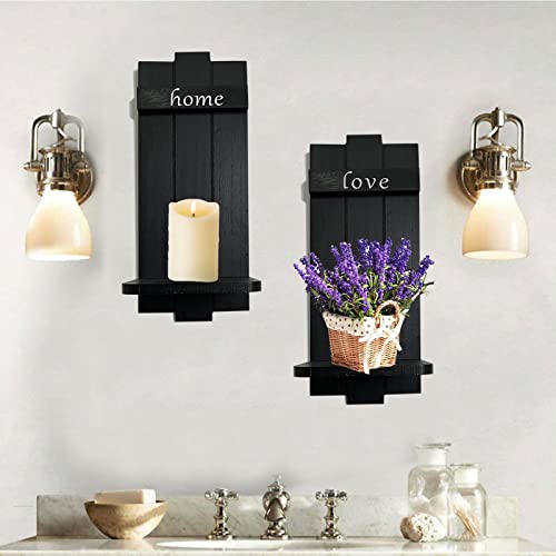 2 Set Farmhouse Candle Sconces Wall Hanging Wooden Wall-Mount Candle Holders Handmade Rustic Wall Décor For Bedroom Living Room Kitchen Bathroom-Black Set #TOP14