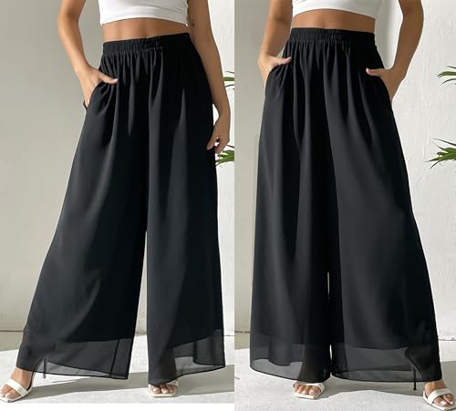 Yehopere Palazzo Pants for Women Dressy Flowy Chiffon Double Layers Summer Boho Wide Leg Casual Lounge Pants Trouser3