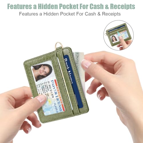Image of Slim Credit Card Holder Crocodile Wallet Women Thin Wallets | Alligator Print RFID Blocking Minimalist Lightweight Pocket Small Cute Cards Holders ID Window, Olive Croc