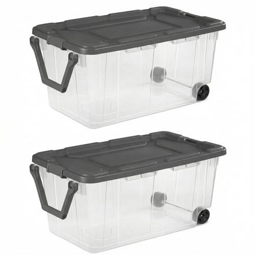 Storage Bins with Wheels 160 Quart, 2 Pack Heavy Duty Clear Plastic Totes with Ergonomic Handle, Non-Slip Latches, Large Stackable Storage Containers for Home & Garage (Clear Gray)