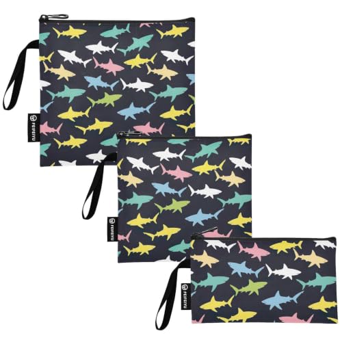 Image of Cute Shark Black Reusable Sandwich Bags, 3-Piece Zipper Pouch Set