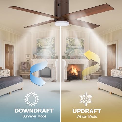 DWVO 52 Inch Flush Mount Ceiling Fan with Lights, Low Profile Reversible 4 Blade Ceiling Fan with Dimmable 3 Color Temperature, 6 Speed DC Motor, Memory Function for Bedroom, Living Room, Brown