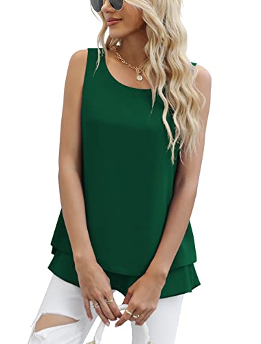 Jouica Women's Summer Tank Tops Flowy Sleeveless Chiffon Tank Blouse Casual Pleated Front Office Work Shirts,Dark Green,Medium #TOP2