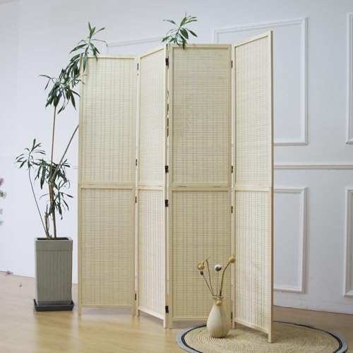 Furnnylane Divisor de quarto de bambu de 4 painéis e divisor de tela dobrável, dois em um divisor de painel destacável e dobrável para separação de quarto, bege, 170 cm A x 156 cm L