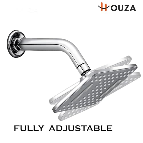 Image of HOUZA Square Shower Head for Bathroom | 4 Inch Single Flow Overhead Shower with Arm | Slim Adjustable Bathroom Shower with Even Water Flow & Rust Resistant | Anti-Clog Silicone Nozzles
