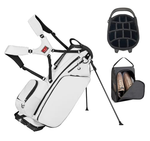 Lightweight Golf Stand Bag with 14 Way Full-Length Dividers 7 Zippered Pockets and Rain Cover with Handles and Dual Strap (White 14 Way)