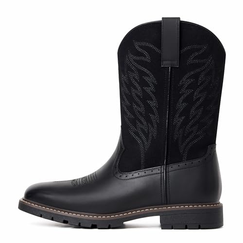 Image of Julyrose Men's Cowboy Boots - Western Boots Square Toe,Slip Resistant,Retro Embroidered Design,Slip on Chunky Heel Country Boot