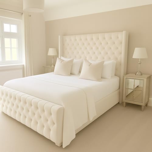 Bespoke Chesterfield Plush Velvet Cannas Wingback Bed - Mattress/Gas Lift Options - UK Made - Double/King/Super King (Cream Plush, King size 5ft Bed Frame)