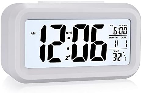 Digital Alarm Clock, LCD Bedside Clock with Temperature, Date Time, Snooze, 12/24Hr, Silent Alarm Clocks Non Ticking Digital Clock with Large Display for Bedroom Travel Office, Battery Powered (White)