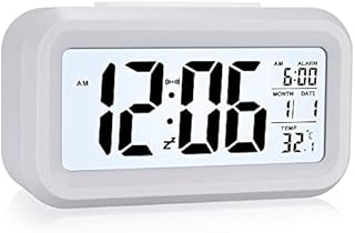 Digital Alarm Clock, LCD Bedside Clock with Temperature, Date Time, Snooze, 12/24Hr, Silent Alarm Clocks Non Ticking Digital Clock with Large Display for Bedroom Travel Office, Battery Powered (White)