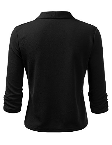 DOUBLJU Ruched 3/4 Sleeve Open Front Draped Blazers Business Casual Basic Work Jackets for Womens Clothes with Plus Size Black