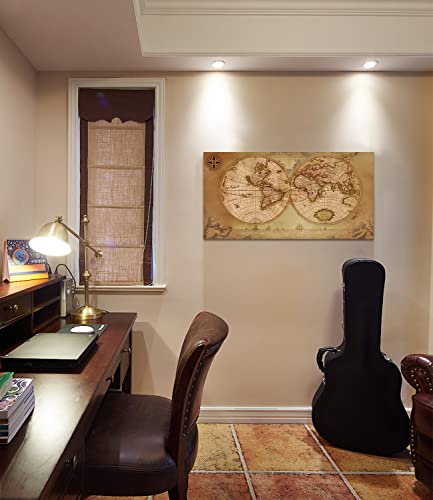 Acocifi World Map Wall Art Canvas Old Nautical Map Picture Beige Retro Painting Globe Spherical Vintage Map Artwork For Bedroom Living Room Study Room Teens Room Home Office Large Decor 40"X20" #TOP1