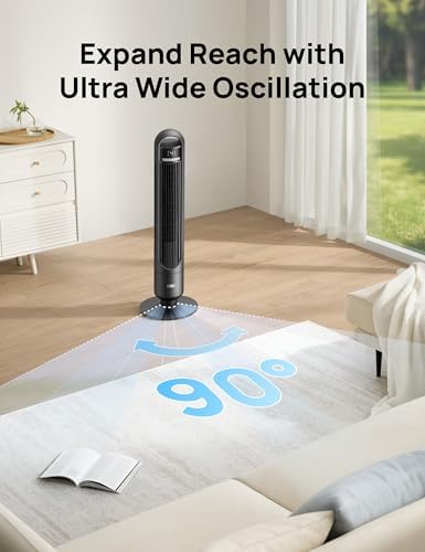 DREO Tower Fan for Bedroom, 90Β° Oscillating Standing Fans for Room with 4 Speeds, 3 Modes, 28dB Quiet for Sleep, 26ft/s Velocity, 8H Timer, Remote, Living Room, Office, Home, Black - 4
