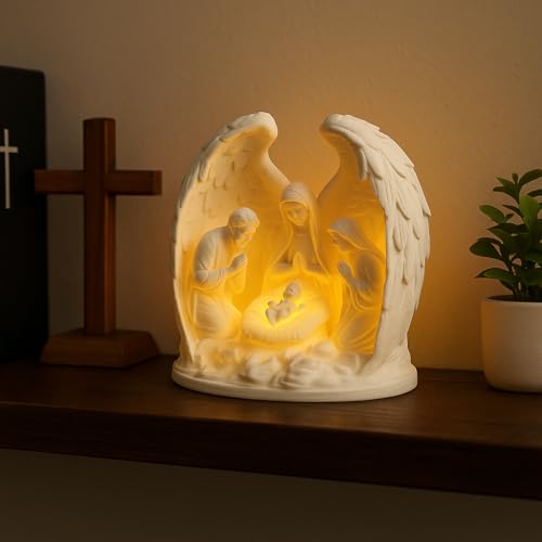 Image of Nativity Angel Lamp with Tealight | 3D Printed Holy Family Night Light | Christmas Crib LED Decor for Home, Gifts & Festive Display (White, 110 mm)