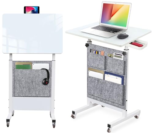 KOUPA Stehpult, höhenverstellbar, beschreibbarer Schreibtisch aus gehärtetem Glas mit Radiergummi, um 360° drehbar, Rollen und Tasche – ideal für kleine Räume und Heimbüros, 61 cm, Weiß (verstellbare