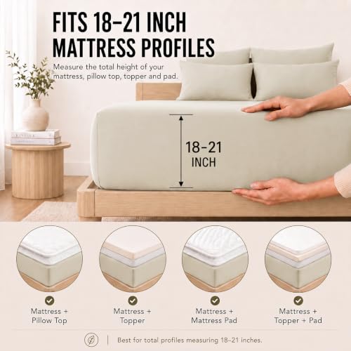 Image of CozyLux 6-Piece Queen Sheet Set, Fits 18-21 Inch Mattresses, Oeko-TEX | 4 Pillowcases, 1 Flat Sheet and 1 Fitted Sheet with All-Around Elastic and 21-Inch Deep Pocket for a Secure Fit, Beige
