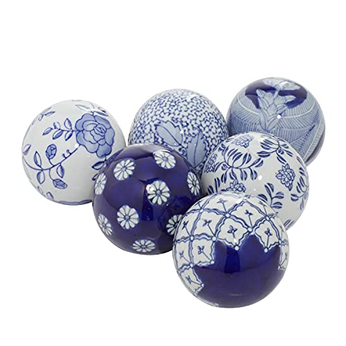 Deco 79 Ceramic Round Orbs & Vase Filler With Varying Patterns, Set Of 6 3"D, Blue #TOP7