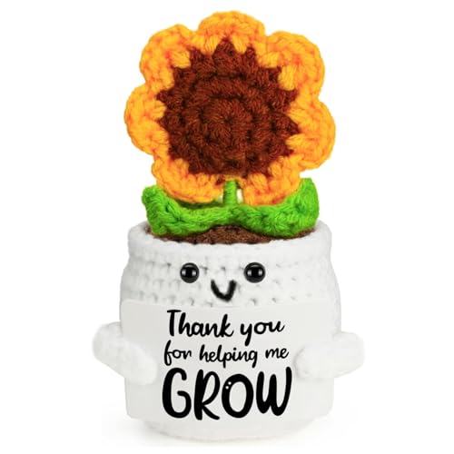 Image of BendJoy Crochet Sunflower Pot with Thank You Card for Women | 7 Petals Crochet Flower for Home, Office Desk & Car Dashboard Decor