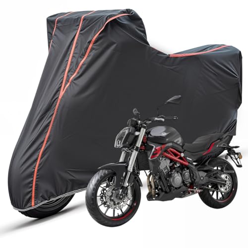 Image of Two Wheelers Bike Body Cover Compatible for Benelli TNT 300, UV Resistant, Dustproof, Triple Stitched, Elastic Bottom, Red Piping Motorcycle Cover (Black, Pack of 1)