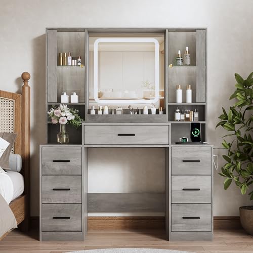 Image of BORNOON Vanity Desk with Mirror and Lights, Makeup Vanity with 7 Drawers, 2 Glass Door Cabinets, Charging Station, Adjustable Shelves, RGB Lighting, Holder