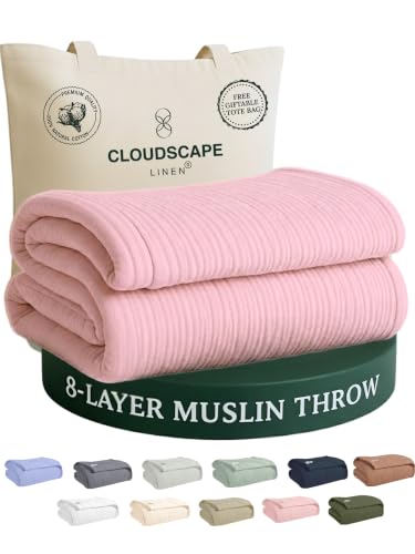 CLOUDSCAPE 8 Layer Muslin Throw for Sofa,100% Cotton 50"x70" -Seashell Pink