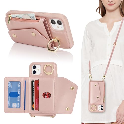 Lipvina for iPhone 11 Case with Card Holder and Strap - Zipper Pocket,Crossbody Lanyard Strap,Credit Card Holder,Stand Ring,Cute Phone Wallet Case for Women(Rose Gold,6.1 Inch) by Lipvina - Used condition - US$6.48