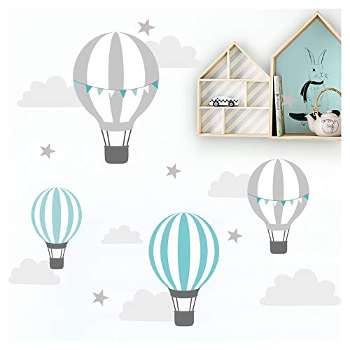 Little Deco Wandaufkleber Kinderzimmer Heißluftballons Mint Grau I Wandbild 55 x 28 cm (BxH) I Wolken Sterne Junge Wandtattoo Babyzimmer DL522