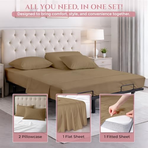 MyGiza Sheets 4 Pcs Top Split King Sheet Sets for Adjustable Bed, 100% Giza Cotton Perfect for Sleep Number Beds, King 34" Down Flex Head, Fits 16" Deep Mattress, Taupe Solid by MyGiza Sheets - Image 3