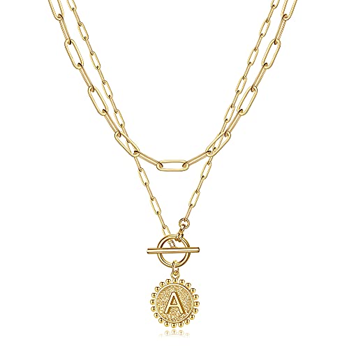 Women's 14K Gold Plated Paperclip Link Chain Layered Initial Necklace Set - Dainty Layering