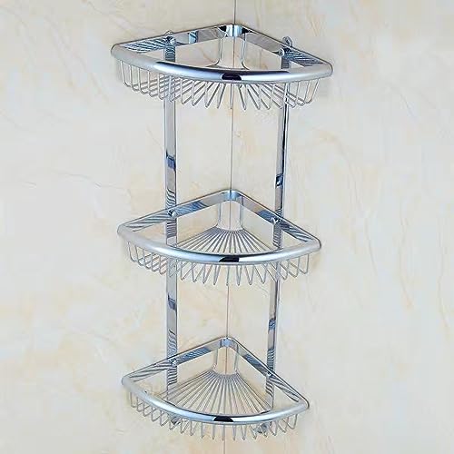 Threetiered - Cestino in rete a doppio ponte triangolare per bagno, mensola portaoggetti a parete, colore: nero smerlato a tre strati con gancio