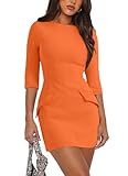 RUMIA Fall Bodycon Dresses for Women 2025 Spring 3/4 Sleeve Mini Dress Crew Neck Party Club Cute Short Dress Orange L