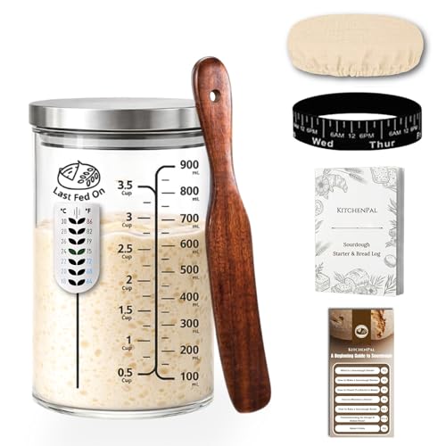 34Oz Sourdough Starter Jar Kit with Date Band, Thermometer & Wooden Spurtle Glass – Sourdough Starter Container, Homemade Bread Fermentation Jar Kit